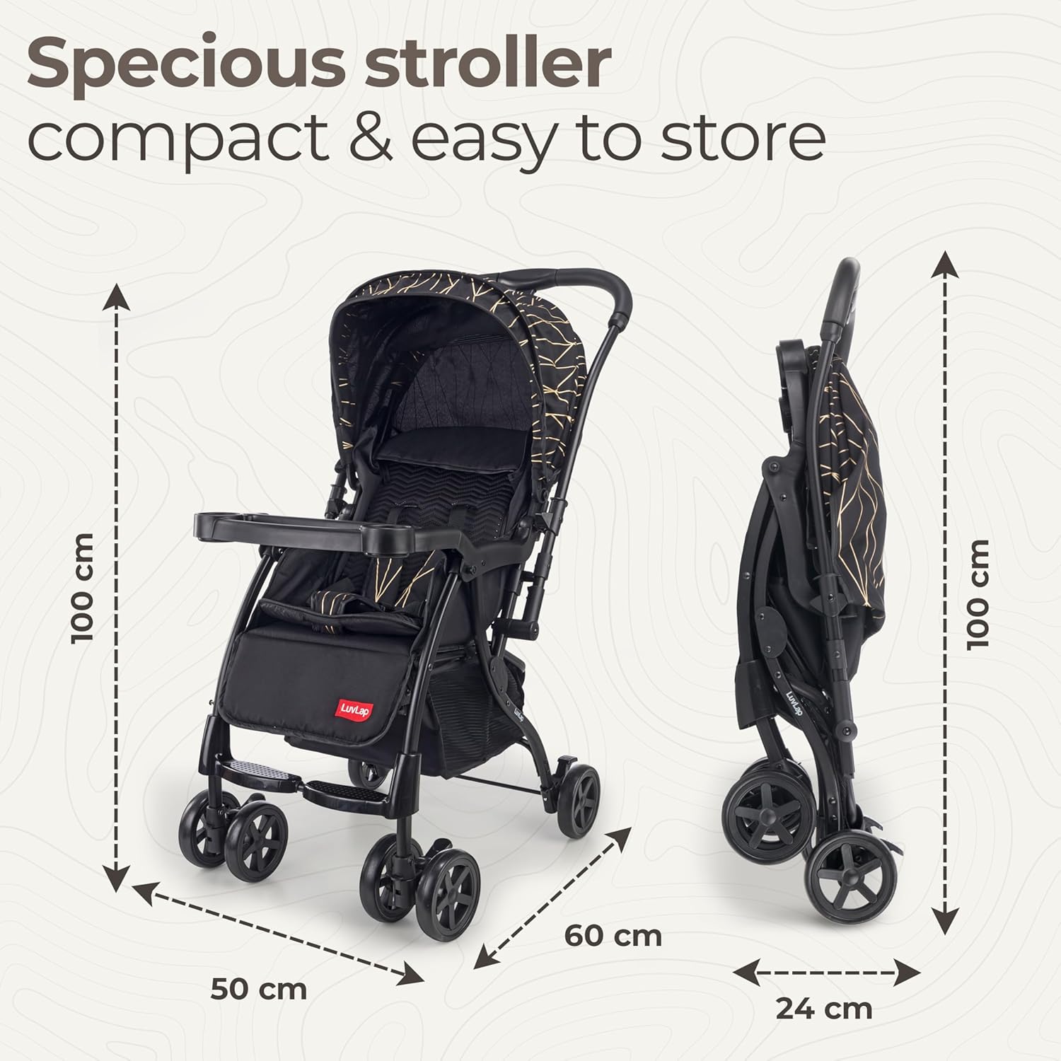 LuvLap Sunshine Plus black and gold baby stroller, compact and foldable.
www.usmile.toys